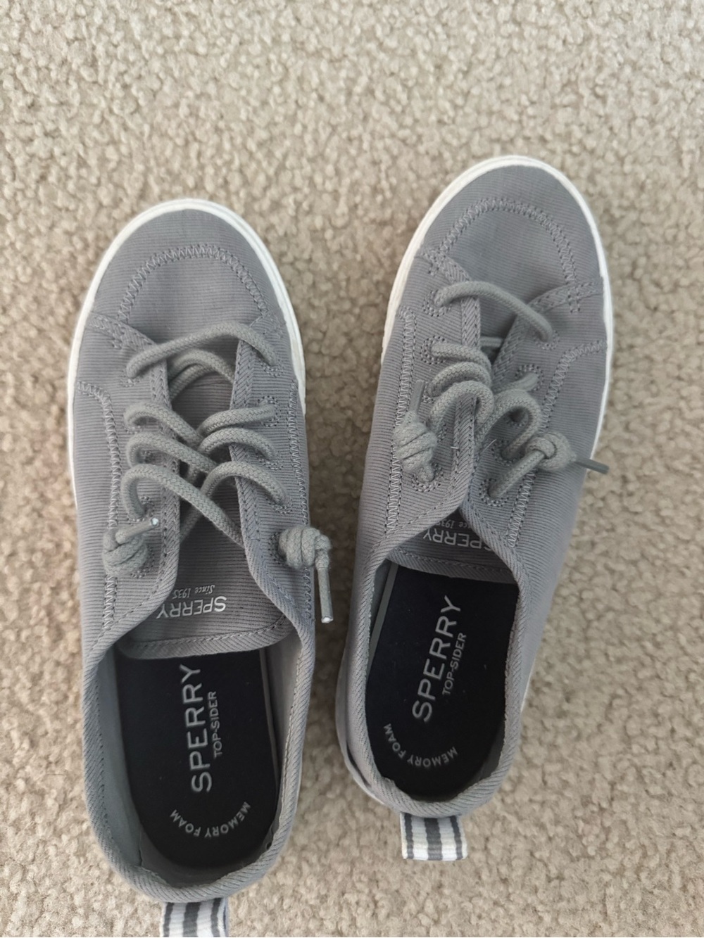 Sperry women’s Gray Canvas Boat Shoes with White Sole